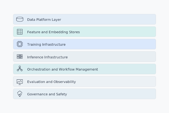 Diagram showing seven horizontal layers of AI infrastructure stacked vertically: Data Platform Layer at bottom, then Feature and Embedding Stores, Training Infrastructure, Inference Infrastructure, Orchestration and Workflow Management, Evaluation and Observability, and Governance and Safety at top